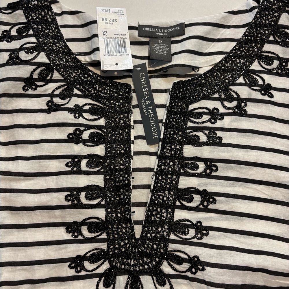 Chelsea & Theodore white/ black striped tunic blouse‎ embroidery details SZ 2X - Picture 3 of 7